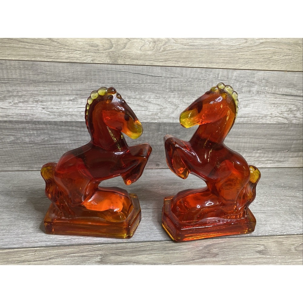 L.E. Smith Red Amberina Glass Rearing Horse Bookends Pair MCM